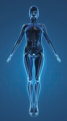 Illustration,  human full body seen through x-rays, prominent colors in the joints and bones.