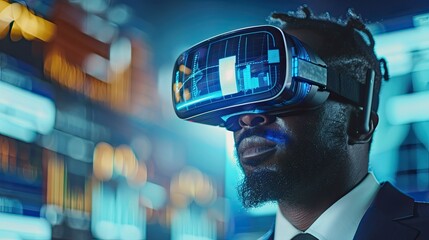 Businessman using a virtual reality headset to navigate digital trade platforms