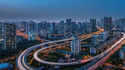 Obraz premium Long exposure at night of a city skyline 