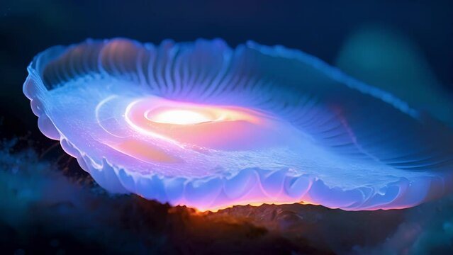 A macro shot of a luminescent seashell revealing its delicate translucent layers that appear to glow from within.