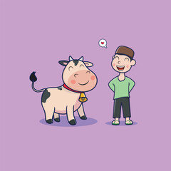 Vector Illustration of Kids and Cow Celebrate Eid al-Adha. Cartoon Hand Drawn. Clip art Vector Style