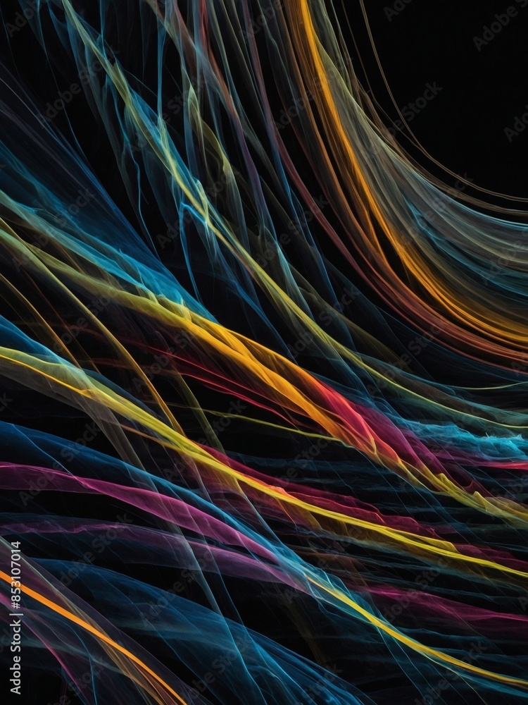Poster colorful wave lines flowing dynamically on black, symbolizing science and communication.