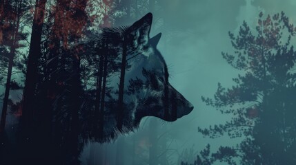 a wolf in the woods with a forest background
