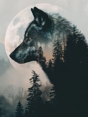 wolf in the forest with moon in the background