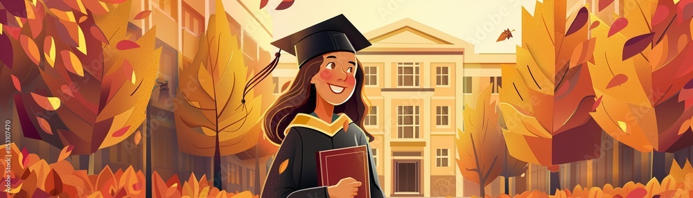 Wall mural A student in a graduation cap and gown, holding a diploma and smiling proudly in front of a prestigious university, symbolizing academic achievement. Warm and inviting, vibrant colors - Wall murals