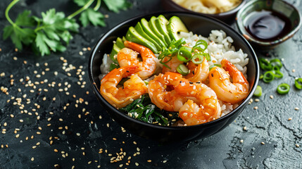 Shrimp poke bowl rice avocado soy sauce and sesame on a black stone table