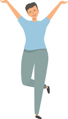 Happy young man is standing on one leg raising his arms in a winning attitude