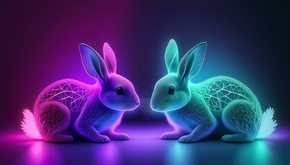 Two neon colored bunnies looking at eachother