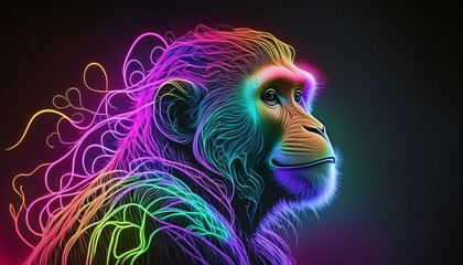 Profile of chimpanzee with vibrant colors and neon filigree