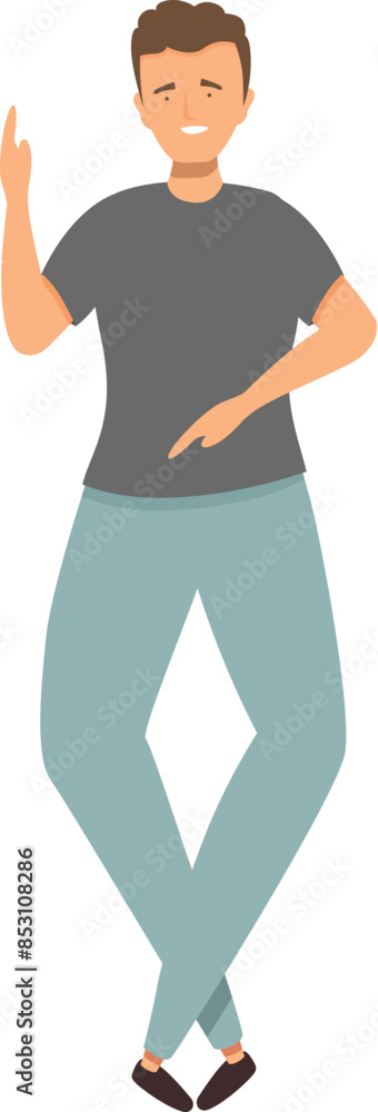 Poster smiling young man standing on one leg and pointing with his finger while explaining something