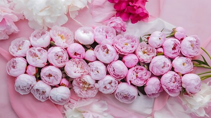 Beautiful pink peonies on a pink pastel background flat lay