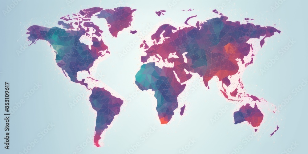 Poster stylized world map composed of multicolored circles on a white background with a modern artistic tou