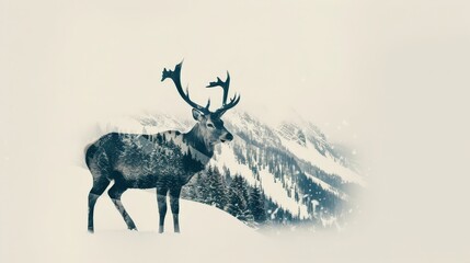 a deer standing in the snow with mountains in the background