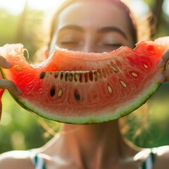A woman indulges in the juicy sweetness of a slice of Watermelon, a Citrullus fruit, with a satisfied gesture and dripping juice on her fingers AIG50