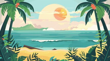 Obraz premium Summer clipart sunny beach with palm trees and ocean view perfect for summer designs