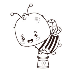 Cute flying bee with bucket of honey. Outline cartoon kawaii animal character. Line drawing, coloring book. Vector illustration. Kids collection