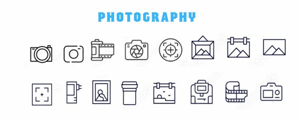 Photography, camera and photo font icon set. Vector icon outline in linear style conceptual illustration set. On a white background