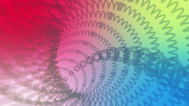 3D animation of line patterns forming a spiral moving forward against a bright colorful background