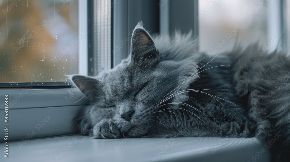 Poster grey cat with a fluffy coat resting on the window ledge