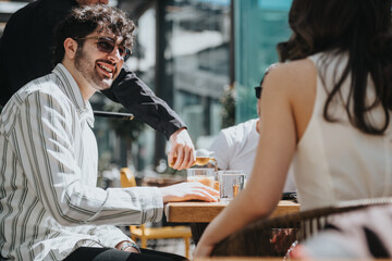 Entrepreneurs of varying ages sit at a cafe, engaged in discussing reports for business growth and expansion strategies.