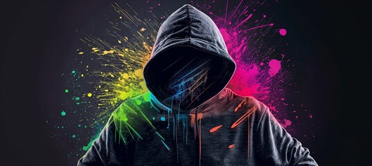 Black background, a hooded man wearing a hoodie, neon paint splatter effect with vibrant colors, detailed design in the style of graffiti art