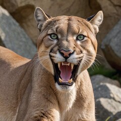 Obraz premium Fierce Puma Portrait Intense Growling Predator in Closeup View