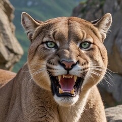 Naklejka premium Fierce Puma Portrait Intense Growling Predator in Closeup View