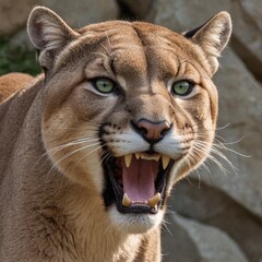 Fototapeta premium Fierce Puma Portrait Intense Growling Predator in Closeup View