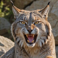 Obraz premium Fierce Lynx Portrait Intense Yellow Eyes and Sharp Teeth on Rocky Background
