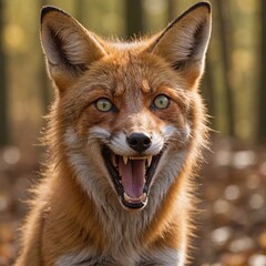 Fototapeta premium Fierce Fox in Autumn Forest Closeup with Red Fur and Green Eyes