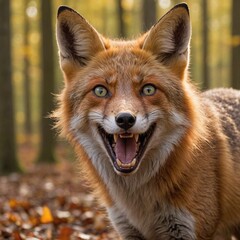 Fototapeta premium Fierce Fox in Autumn Forest Closeup with Red Fur and Green Eyes