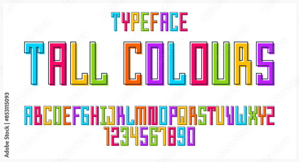Poster child constructor colorful minimal square vector font, letters and numbers alphabet in toy style, mu