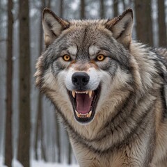 Fototapeta premium Majestic Wolf in Snowy Forest Intense Gaze