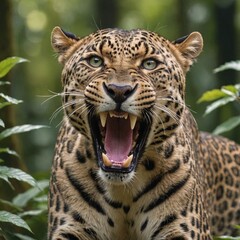 Obraz premium Jungle Predator Intense GreenEyed Leopard in Closeup View