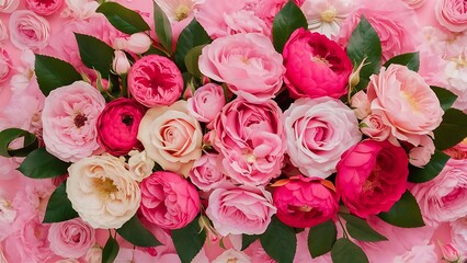 Floral pattern made of roses flowers with leaves on pink background flat lay top view