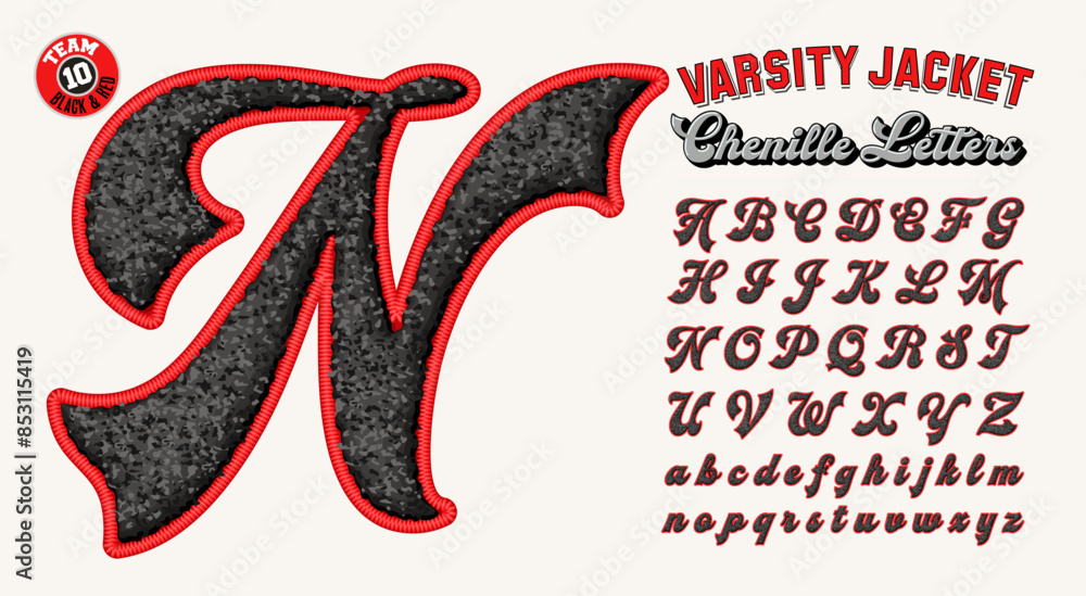 Poster a collection of collegiate varsity style letters with 3d chenille fabric patch effect