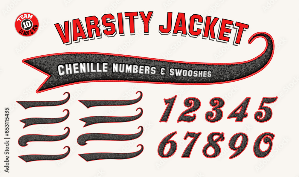 Poster a collection of collegiate varsity style numbers and swooshes with 3d chenille fabric patch effect.