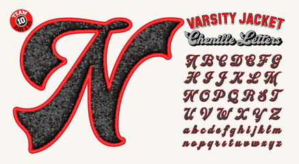 A collection of collegiate varsity style letters with 3d chenille fabric patch effect