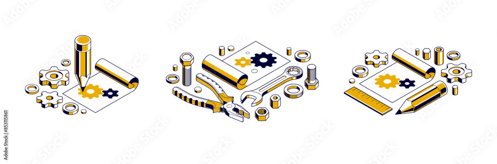 Aufkleber mechanical engineering project in embodiment implementation concept set, engine draft plan drawing a