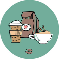 Coffee  logo, icon.  Сoffee beans bag, coffee cup and takeaway coffee cup. Vector illustration