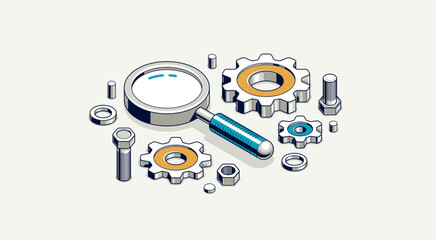 Mechanical engineering research and solution concept, gears with magnifier 3D isometric vector design icon or logo, magnifying glass with cogs software development.