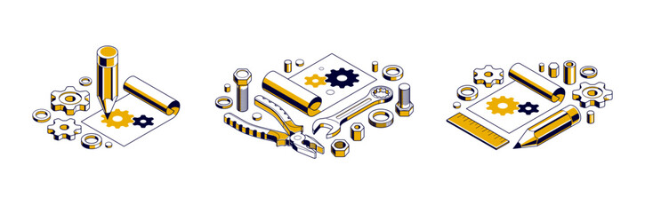 Mechanical engineering project in embodiment implementation concept set, engine draft plan drawing and work progress, paper sheet with gears, tools and pencil 3D isometric vector illustration.