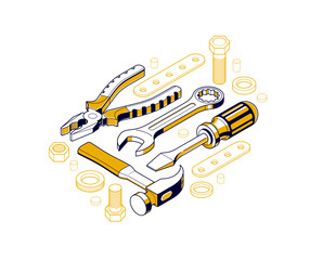 Repair and maintenance concept, technics service, gears and tools in 3D isometric projection vector illustration, technical mechanical workshop.