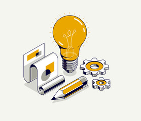 Creative idea concept, light bulb with gear vector 3D isometric icon or illustration, innovation and solution, technology and technics, research and knowledge.