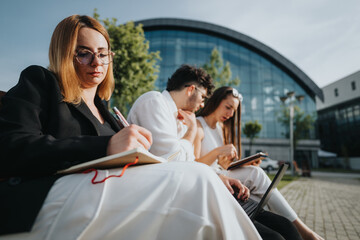 Business workers discussing a new project, financial statements, and marketing strategy in an outdoor meeting at an urban city area.