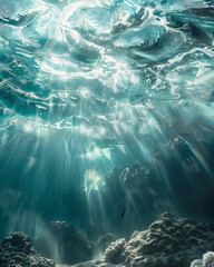 underwater scene with sunlight streaming through water illuminating coral reef