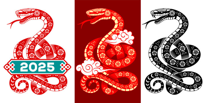 Set of snake drawings for Chinese New Year 2025. Silhouette, cartoon character with traditional floral pattern in oriental style. Vector illustration