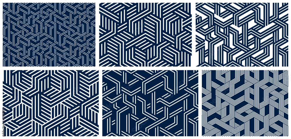 Poster 3d cubes seamless patterns vector backgrounds set, lined dimensional blocks, architecture and constr