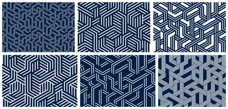 3D cubes seamless patterns vector backgrounds set, lined dimensional blocks, architecture and construction, geometric designs.