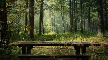 Fototapeta premium Imagine a picturesque scene with a sturdy wooden table set against the backdrop of a lush forest of towering trees